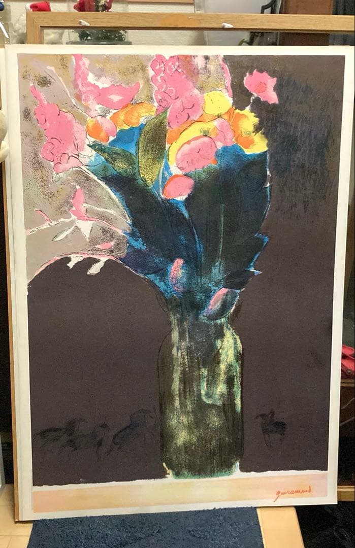 ★送料込★ 【リトグラフ／花 絵画】 ✰︎ 大型 ✰︎ フランス製 ポール・ギラマン ポール・ギヤマン「青いテーブルのバイオリンと花束」リトグラフ