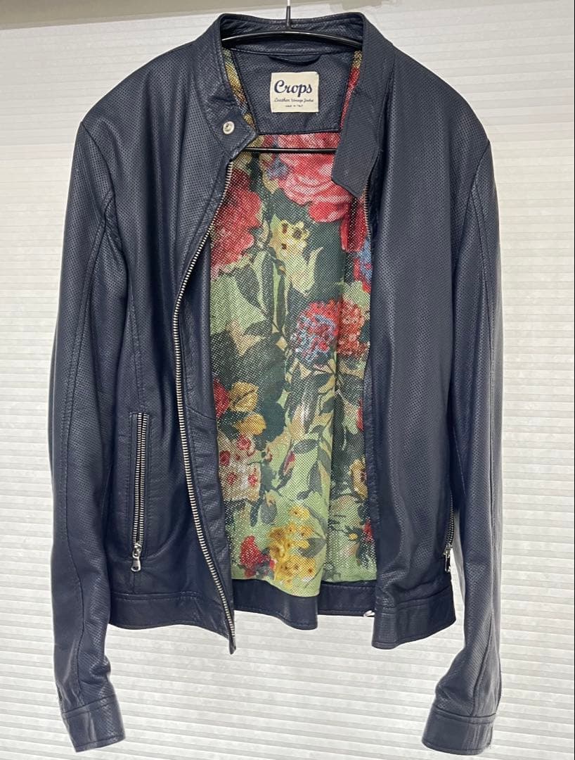 ネイビー　パンチングレザー シングルライダース　紺　48 L crops