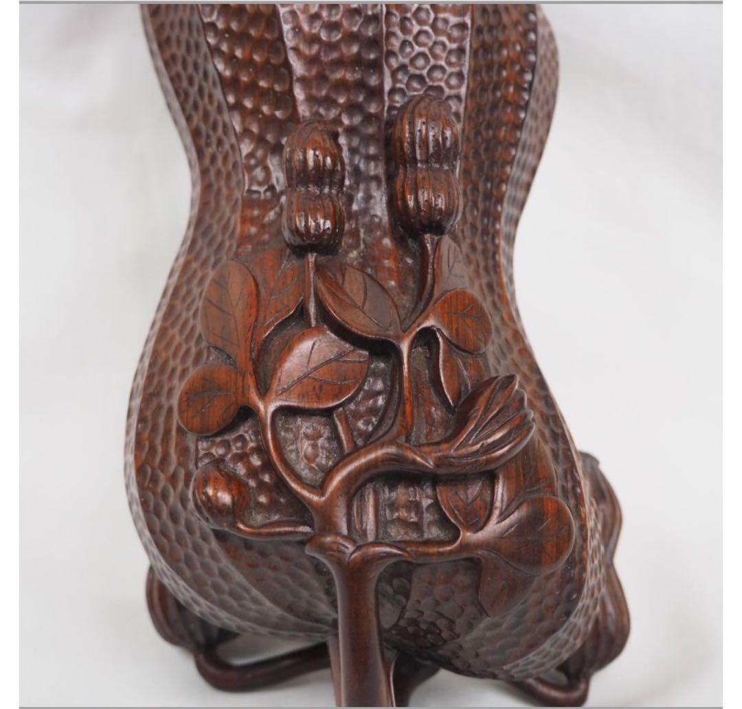 送料無料 時代物 唐木花梨（沈水）透かし彫り落花生蓋物 幅21cm