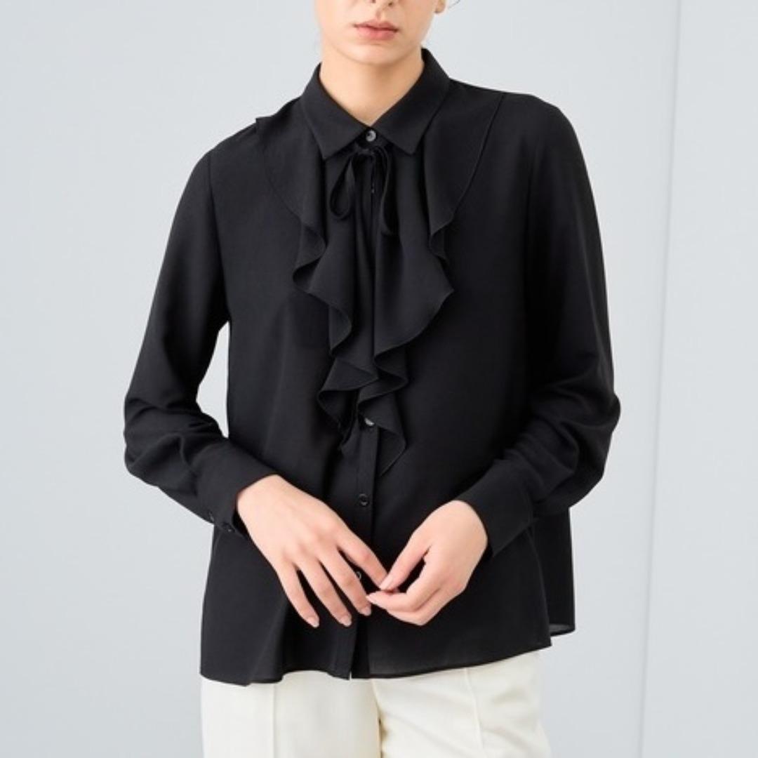 23SS ANAYI ジョーゼットラッフルボウタイブラウス ブラック サイズ38