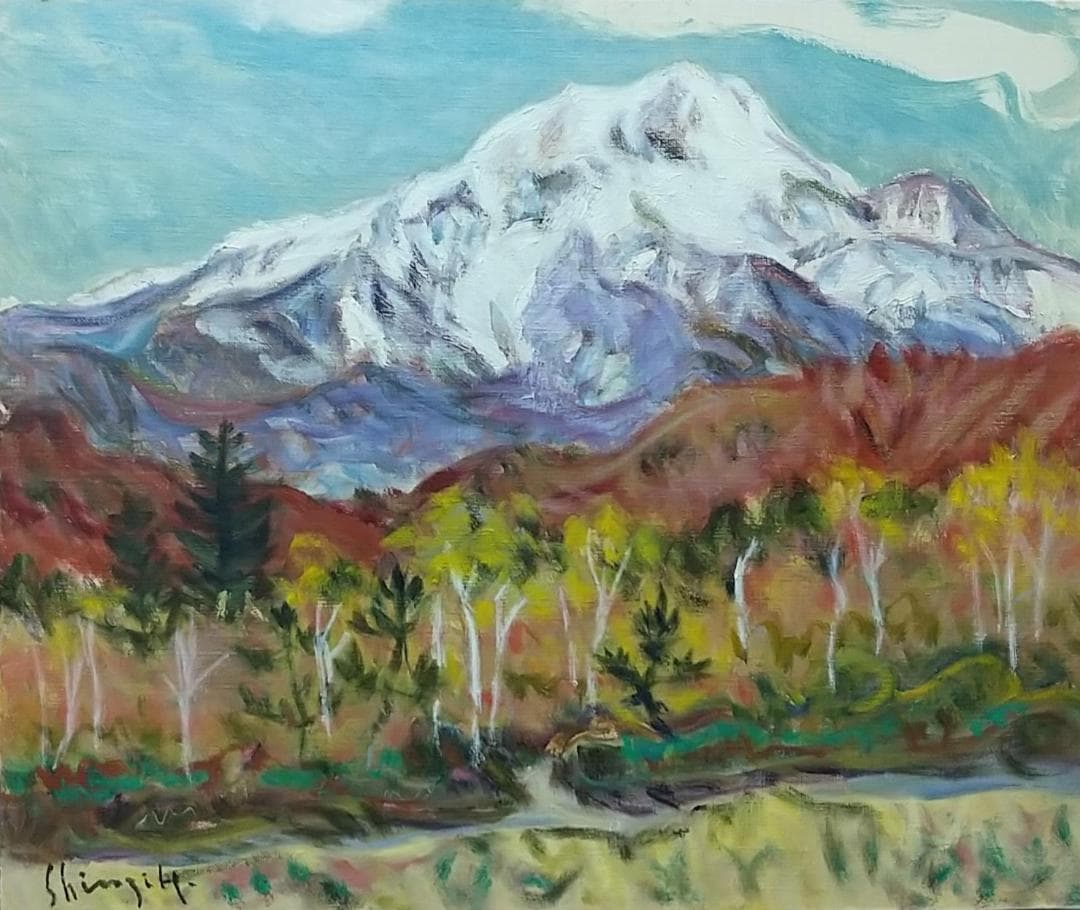 F8 絵画「乗鞍高原」1988 油絵 油彩画 風景画 アート 山 絵画 乗鞍岳 風景画 油絵 晩秋 高瀬三郎 「新雪の乗鞍岳」 額付き