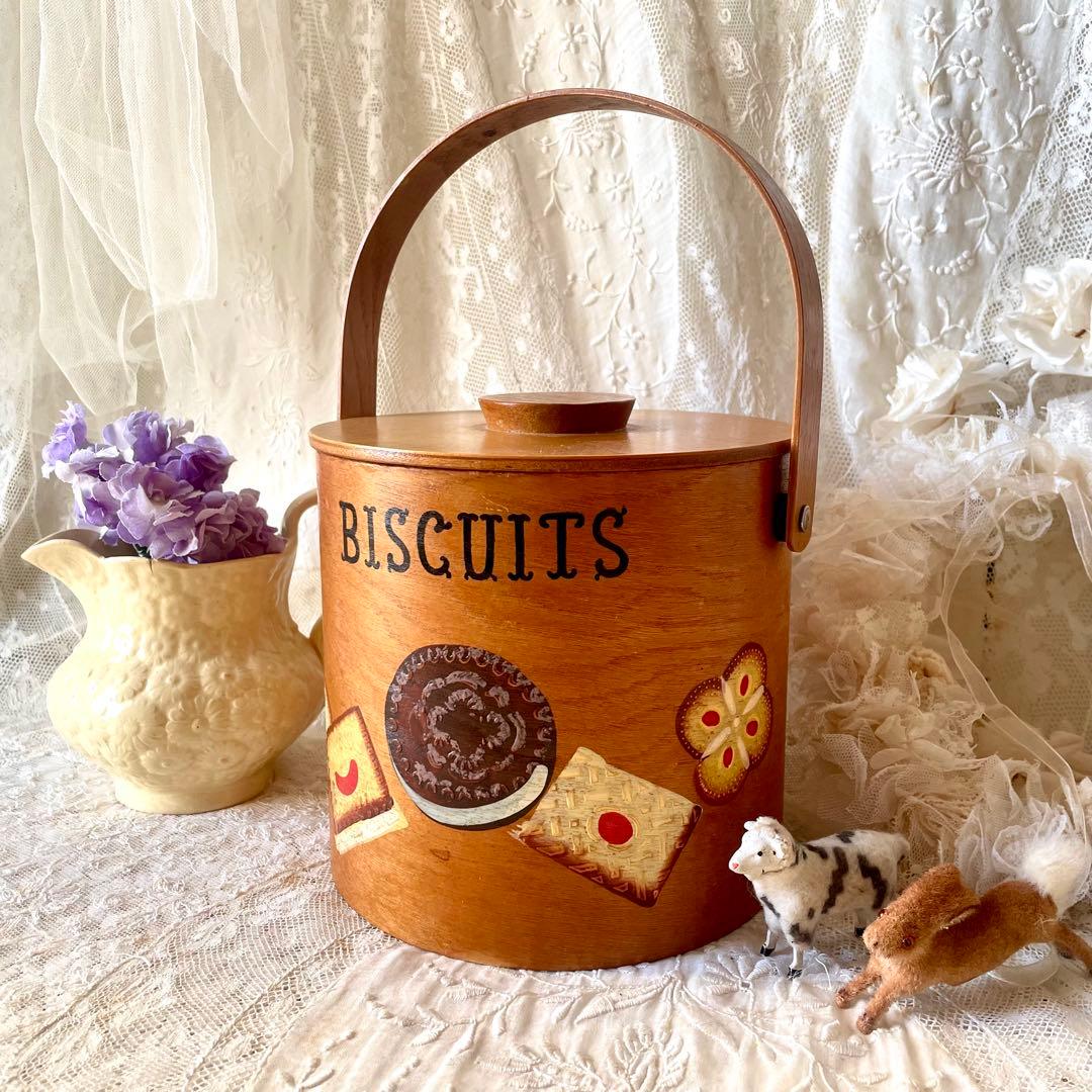 木製蓋付きビスケットジャー キャニスター入れ持ち手ハンドル