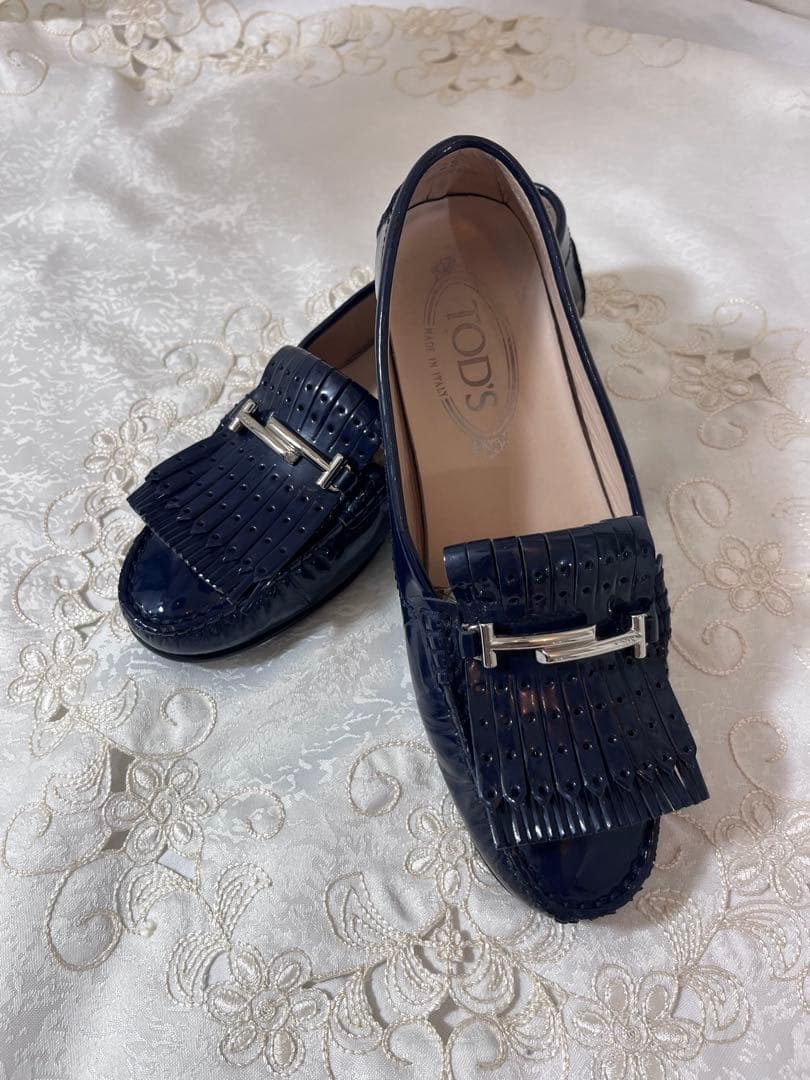 美品】TOD'S トッズ ローファー ダブルT フリンジ ネイビー - メルカリ