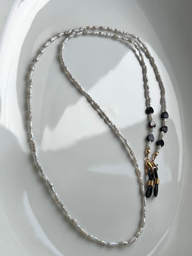 淡水パール　黒メノウ　ハート　マスク　メガネ　チェーン　2way