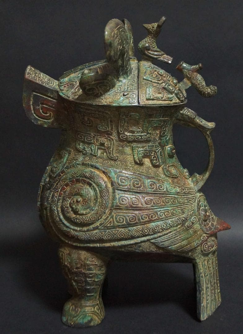 大型青銅製 金工細工 商代『婦好尊鴞』梟形の酒つぼ/オブジェ 茶道具 古美術
