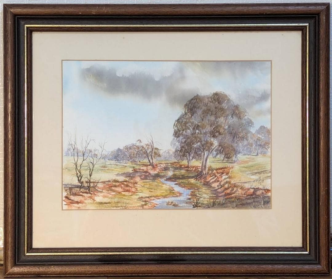 【真作】絵画　水彩　小川のせせらぎ　静寂の田園風景　牧歌的なひととき　Y119