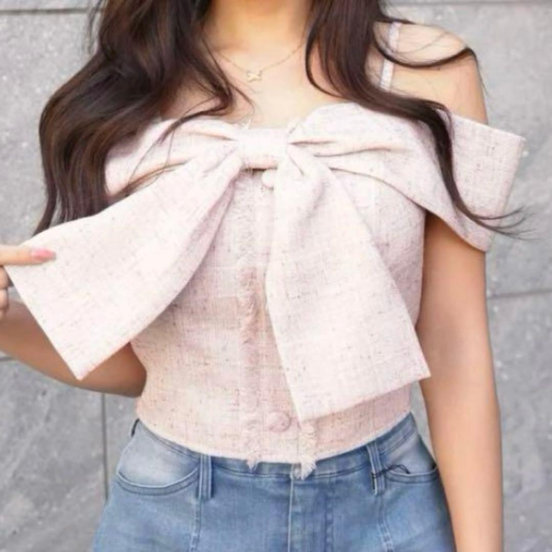 ツイードリボンオフショルトップス ピンク