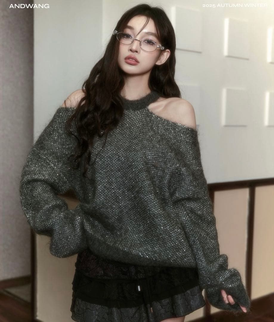 andwang Off shoulder over knit グレー
