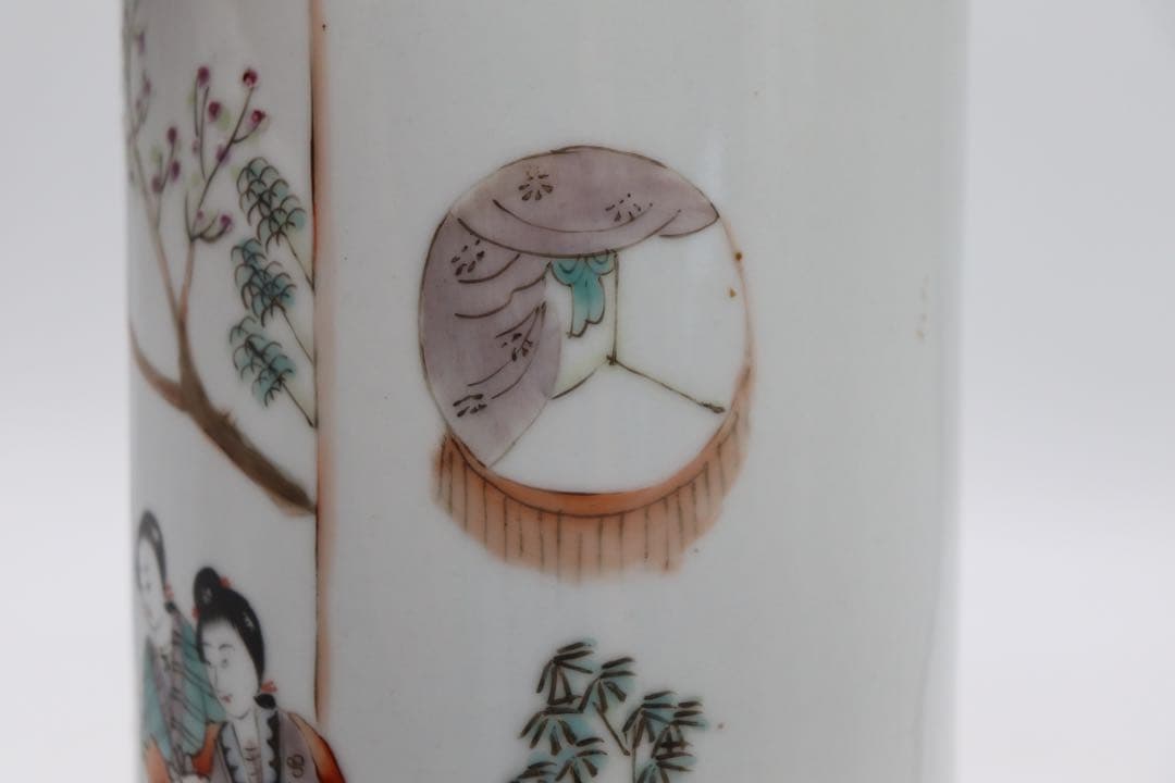 岐No28 中国 清時代 粉彩美女図筆筒 帽筒① 同治年製 送料込み0503