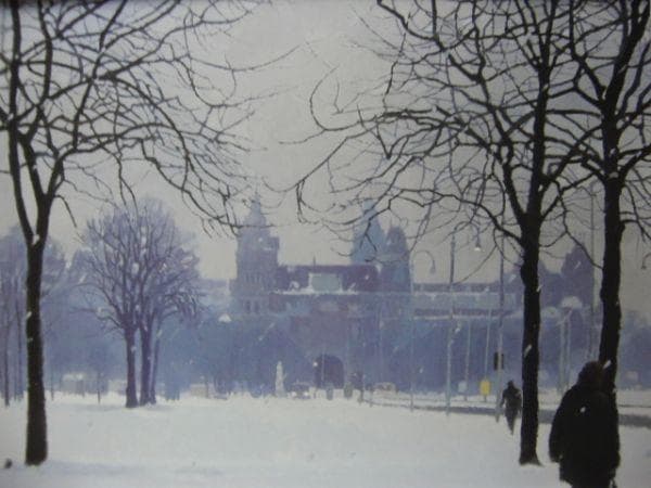 吉崎 道治 【雪の広場】 希少画集画、状態良好、新品高級額装付