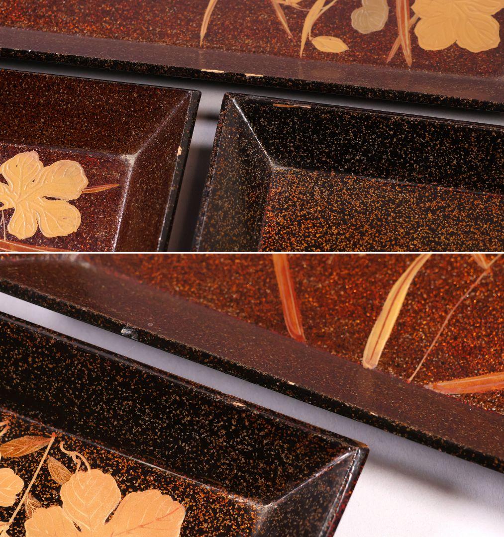 MB45】時代 梨地吸物膳 十客 月と草花蒔絵 秋草 四方膳 卓上 折敷