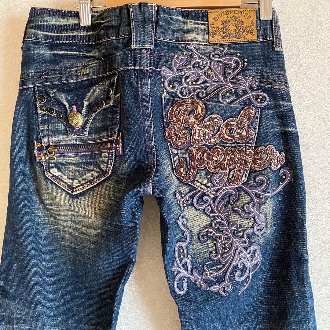 レッドペッパー　フレア　 デニム　27 インディゴ　刺繍　スタッズ　y2k 平成