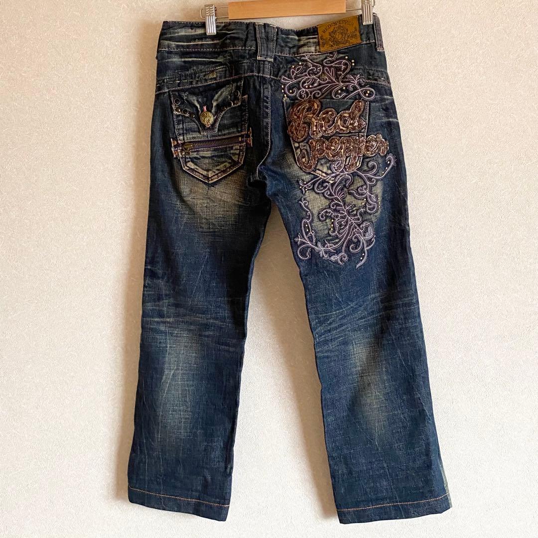レッドペッパー フレア デニム 27 インディゴ 刺繍 スタッズ y2k 平成