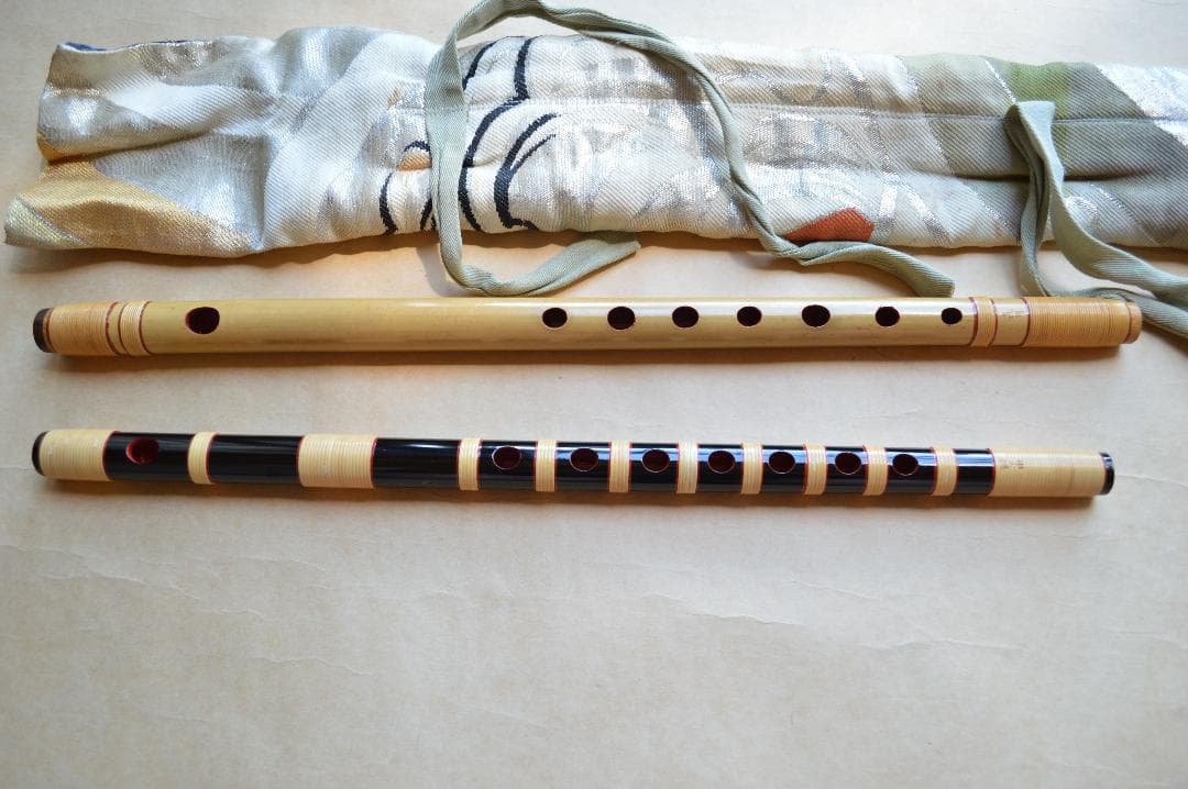 篠笛 獅子田笛 八本調子 㐂月作 紫山作 二本 絹袋