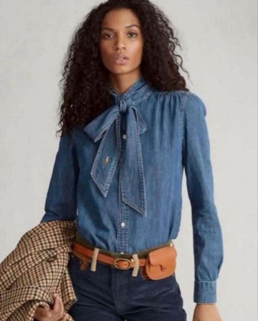 す*れ様 ポロラルフローレンボウタイ　ブラウス　ポニー刺繍　リボン　デニム　S