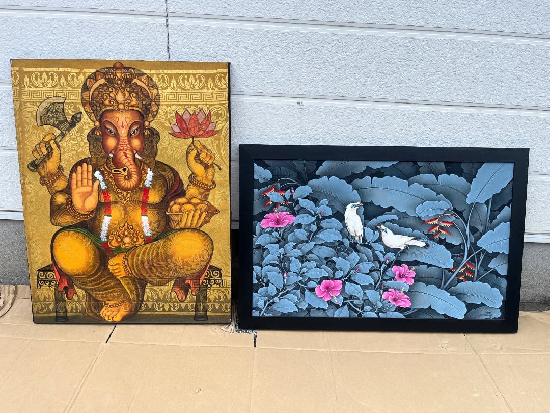 バリ島絵画 鳥 絵画 +ガネーシャ バリアート2点 大型