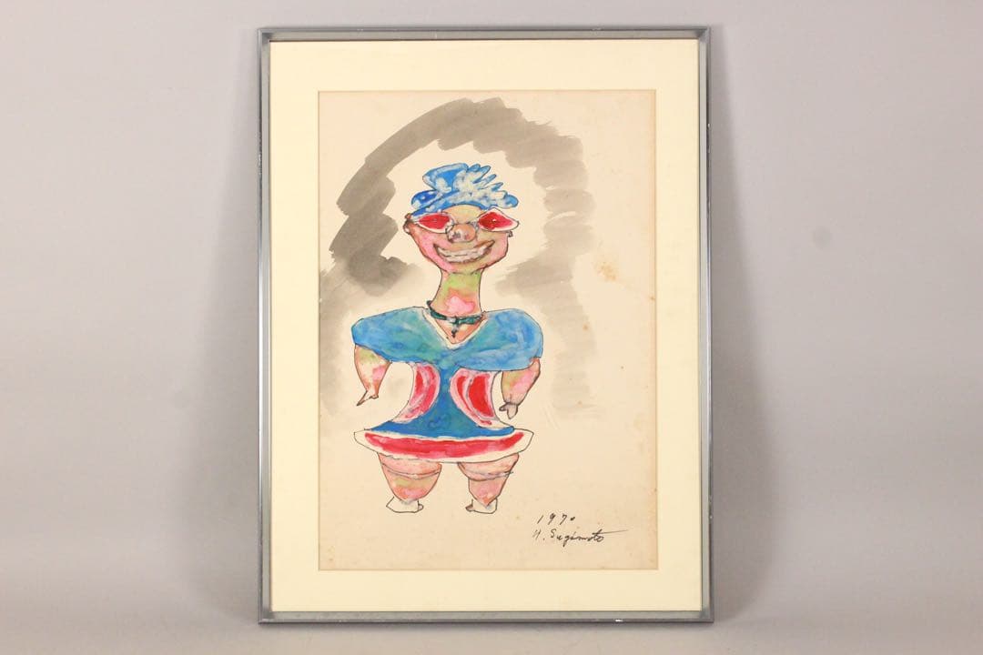 No5085 額装　ヘンリー杉本　遮光器土偶図　1970年　直筆サイン　送料無料