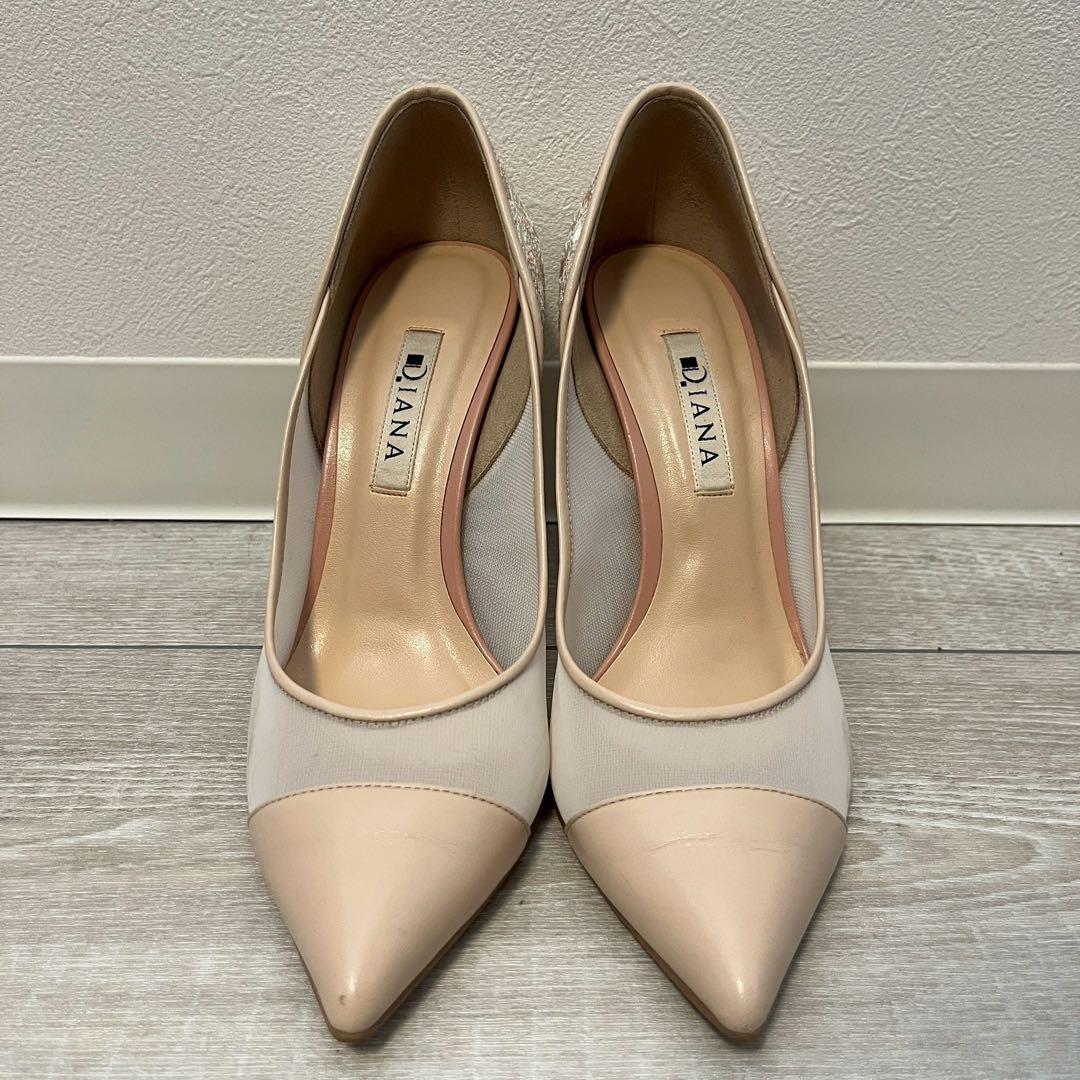 DIANA ポインテッドトゥハイヒール 花柄レース ピンクベージュ - メルカリ