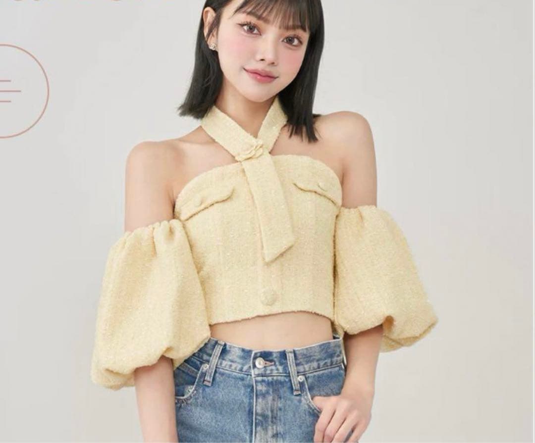 darich ホルターネックオフショルツイードトップス/イエロー ダーリッチ Darich ホルターネックオフショルツイードトップス