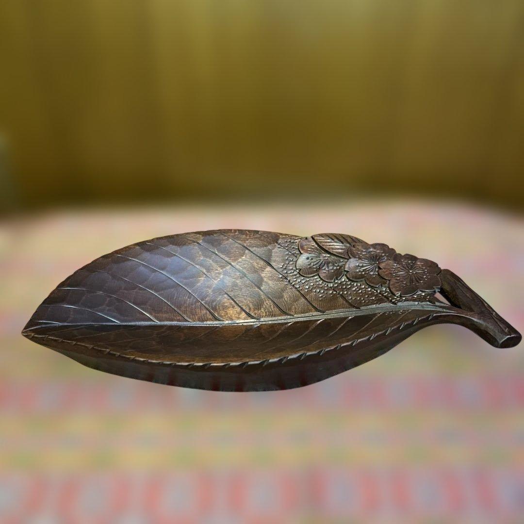 逸品 老舗 一彫堂 軽井沢彫 枝桜彫刻 リーフ型木製お皿 新品未使用