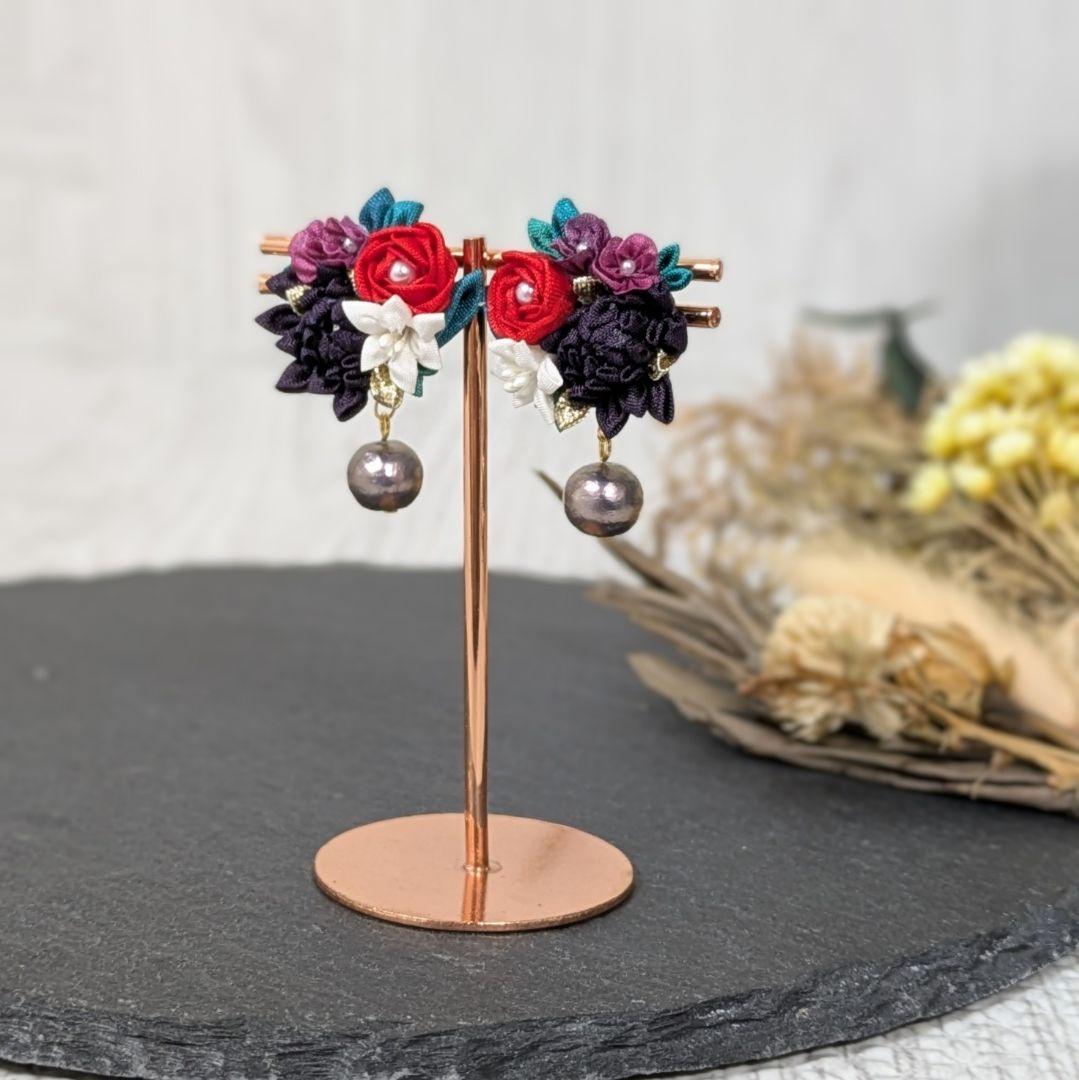 オーダー】 つまみ細工 ピアス ②ピンク黄丸 半クス 金属アレルギ 絹