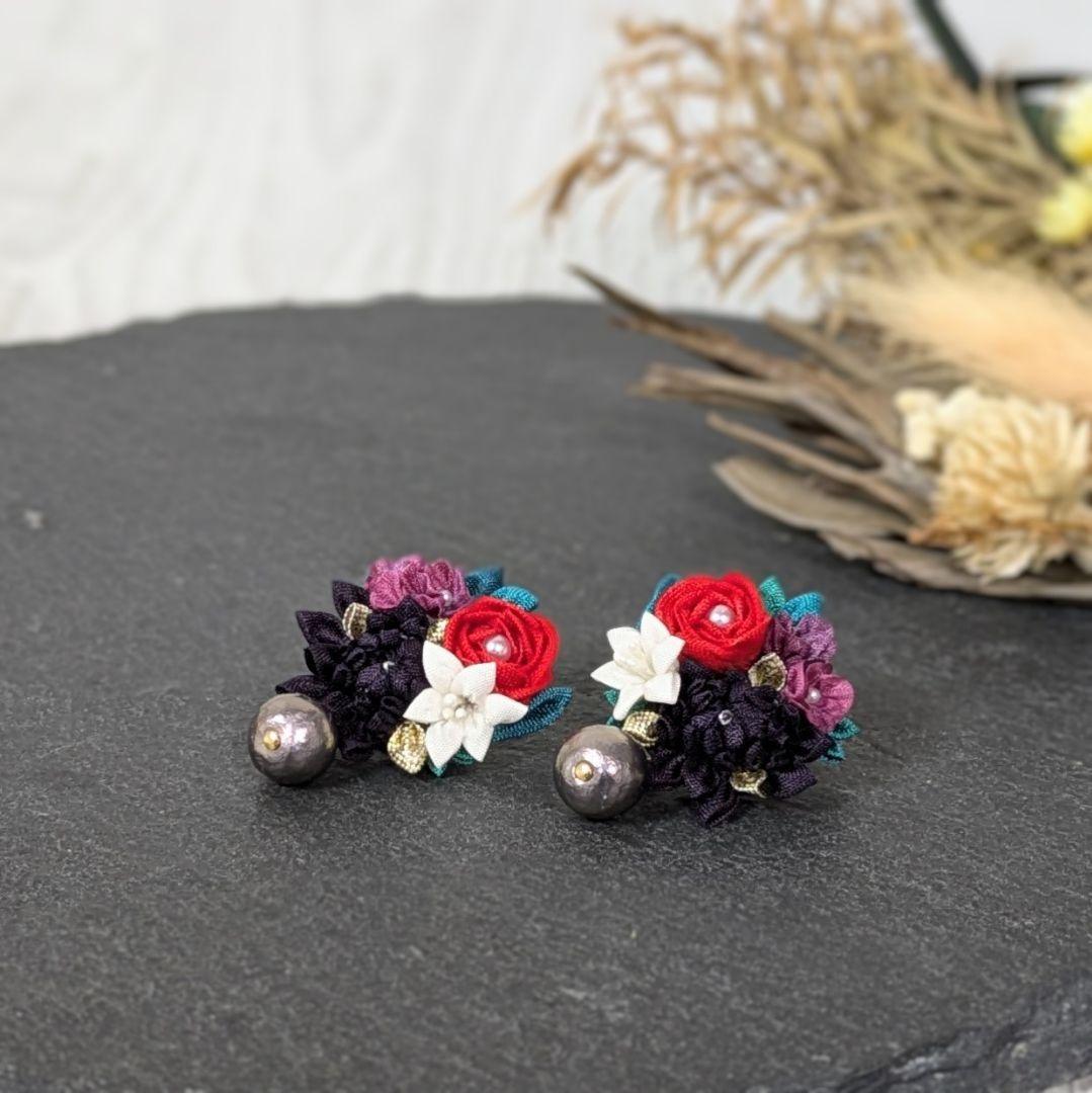 オーダー】 つまみ細工 ピアス ②ピンク黄丸 半クス 金属アレルギ 絹