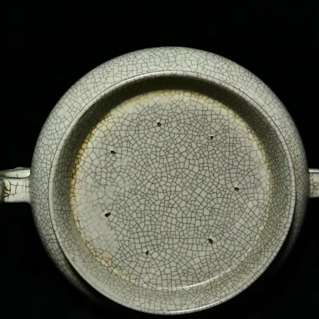 中国古美術・旧蔵の陶磁器双耳炉・12x25・茶道具・案頭・置物・文房具