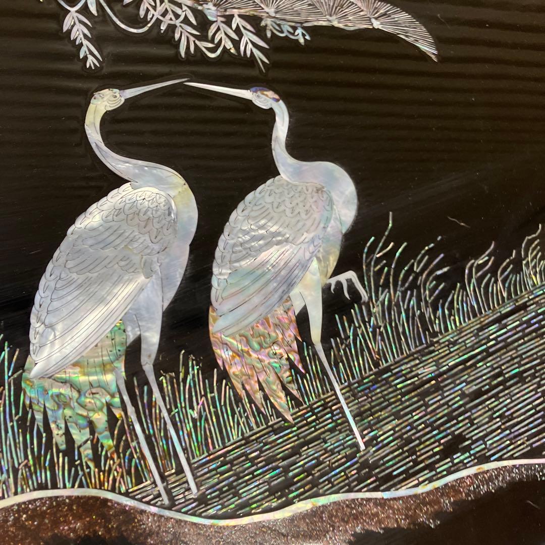 昭和レトロ 螺鈿細工 鶴 松 蝶々 月柄 木製漆塗り 大型座卓 センター