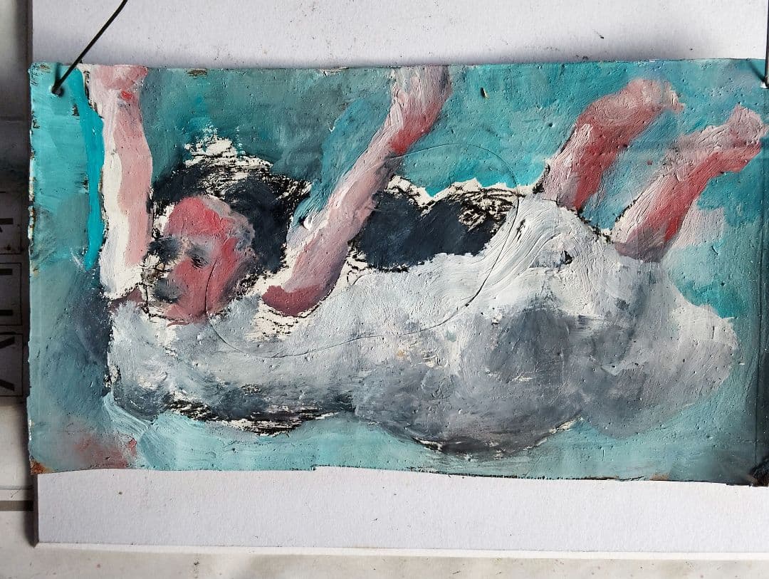 抽象的な油彩画 女性の姿浮遊