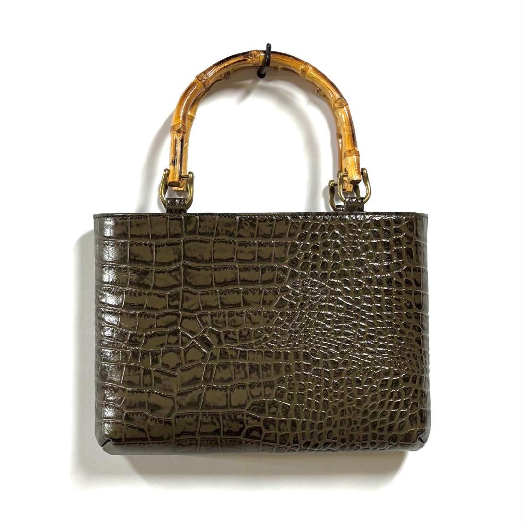 牛革クロコ型押しバンブー手提げ 横型 小 鼠色 ◆ 神輿祭り竹手バッグ バンブー手提げバッグ 01 横型 手拭い 祭り小物 祭り用品 手提げバッグ