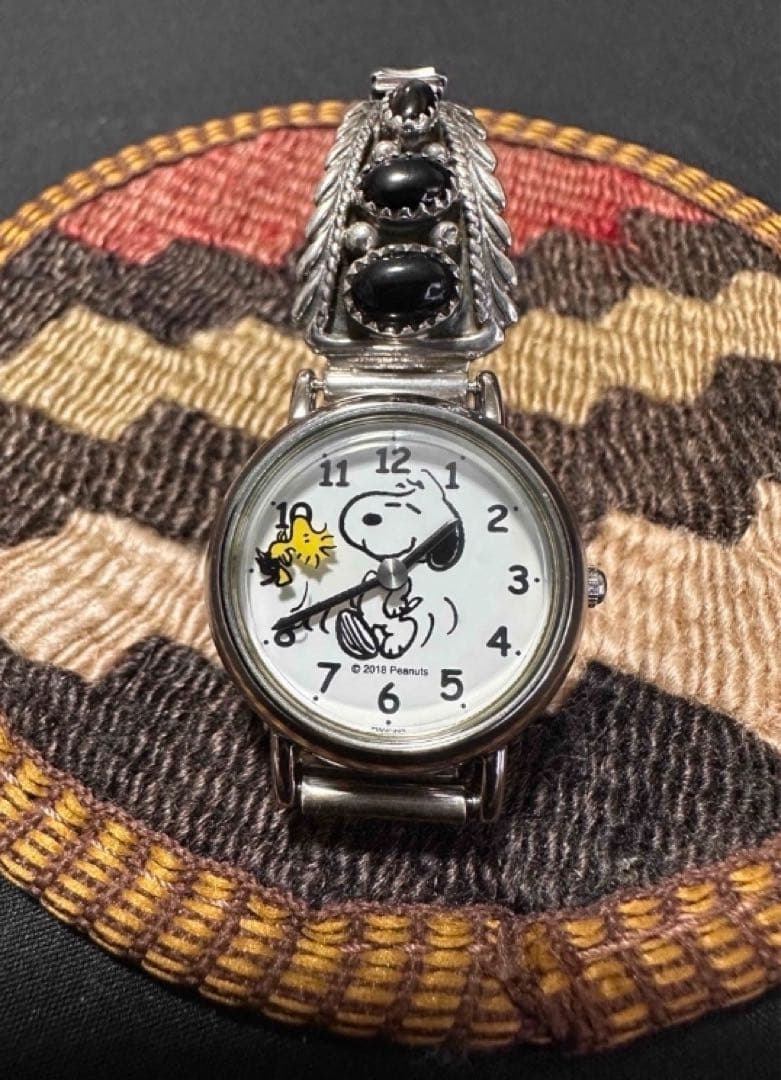 ナバホ族RB作オニキスシルバー腕時計　スヌーピー腕時計　インディアンジュエリー INDIAN JEWELRY - ナバホ族RB作オニキスシルバー腕時計 スヌーピー