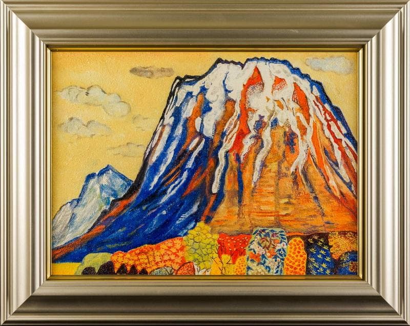 片岡球子　油彩に岩粉　肉筆『羊蹄山の秋』表と裏サイン(印譜)　P8　額　b406 F8号】 片岡球子「富士に牡丹」油彩 肉筆画 作者サイン有