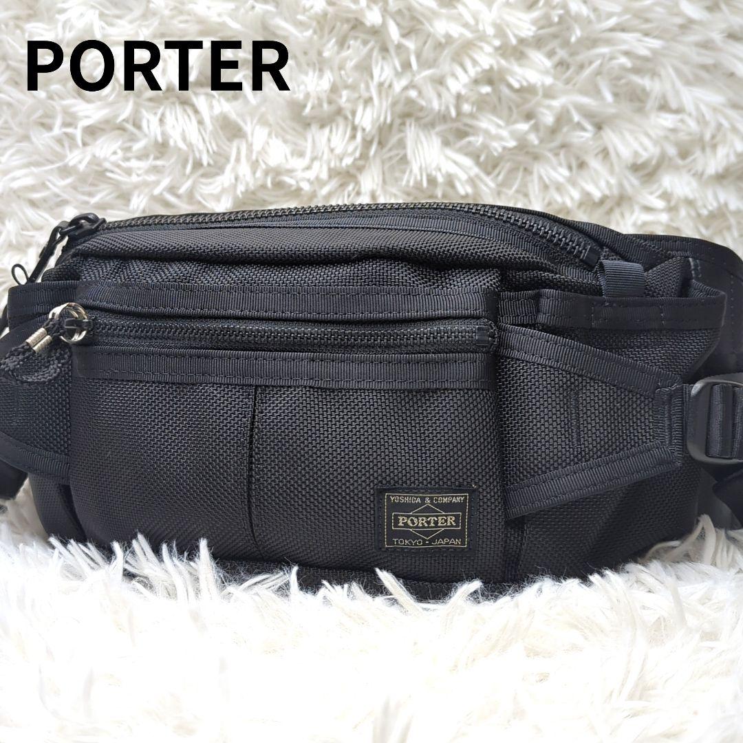 美品✨ポーター ヒート ウエストバッグ ナイロン レザー ブラック ロゴ型押し