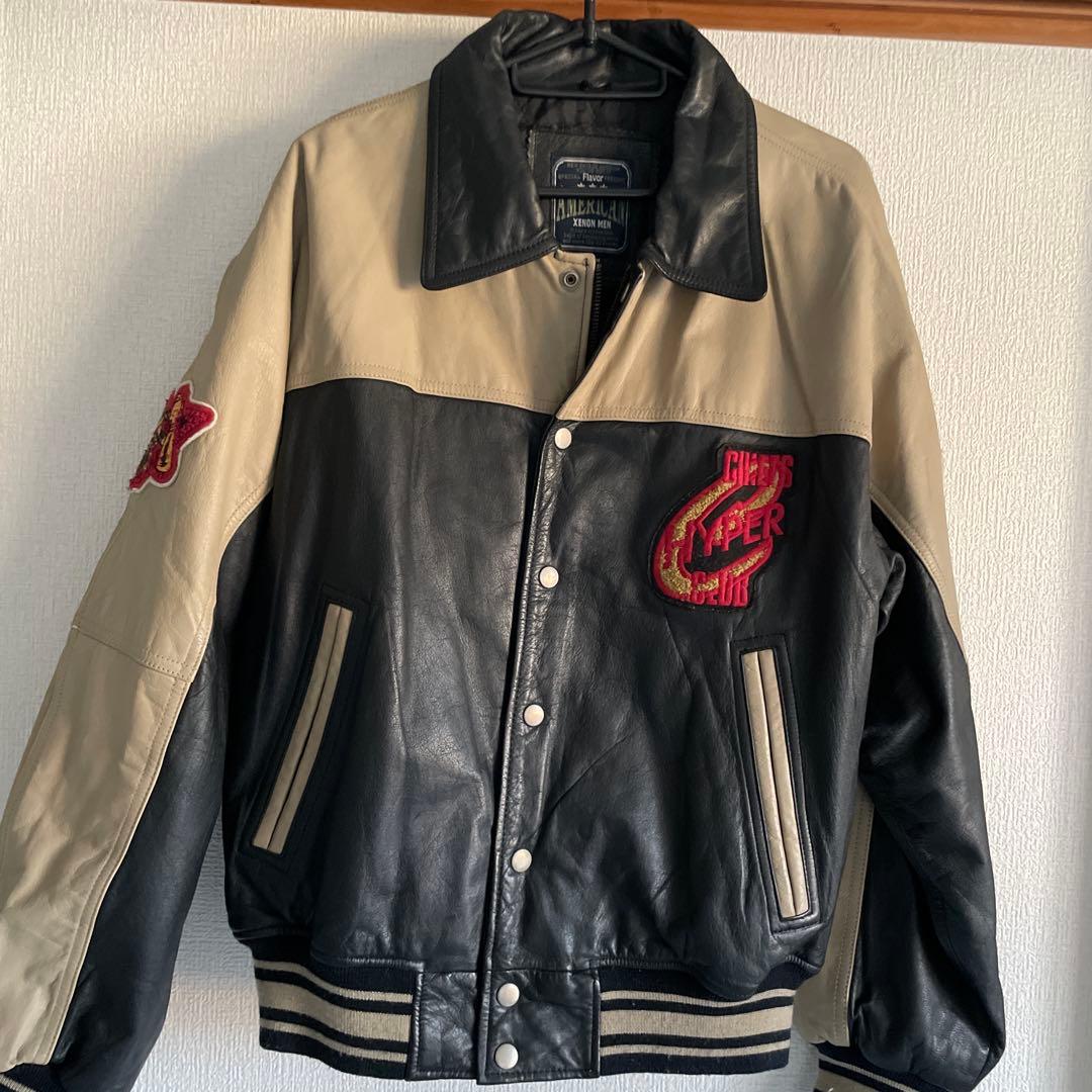 90's✨レザージャケット　スタジャン　本革　ワッペン　M オーバーサイズ