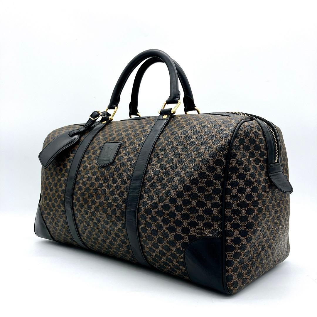 ◯【CELINE】ボストンバッグ　マカダム柄　ゴールド金具　PVC ブラック.