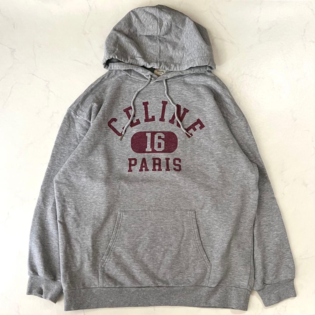 セリーヌ パーカー 16ルーズ ロゴプリント M グレー カシミヤ シルク