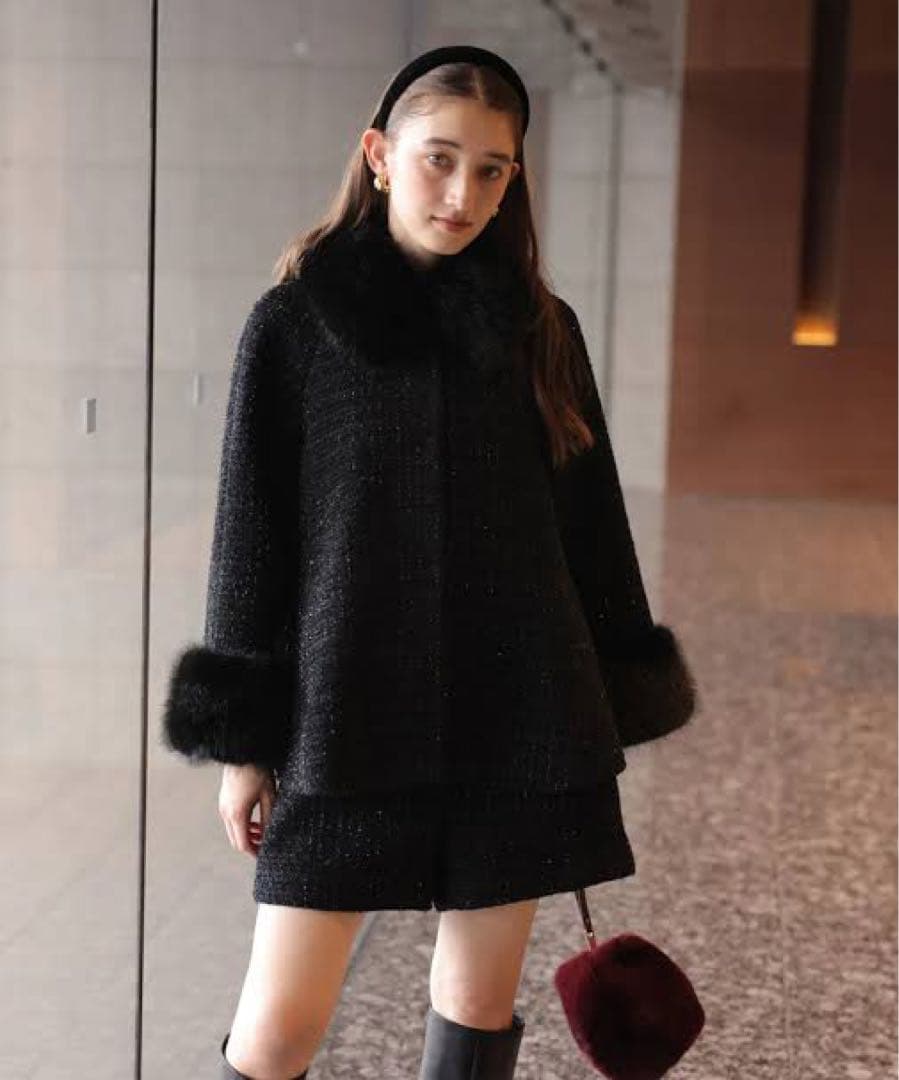 未使用タグ付き　Rirandture25AW ツィードファー衿ショートコート