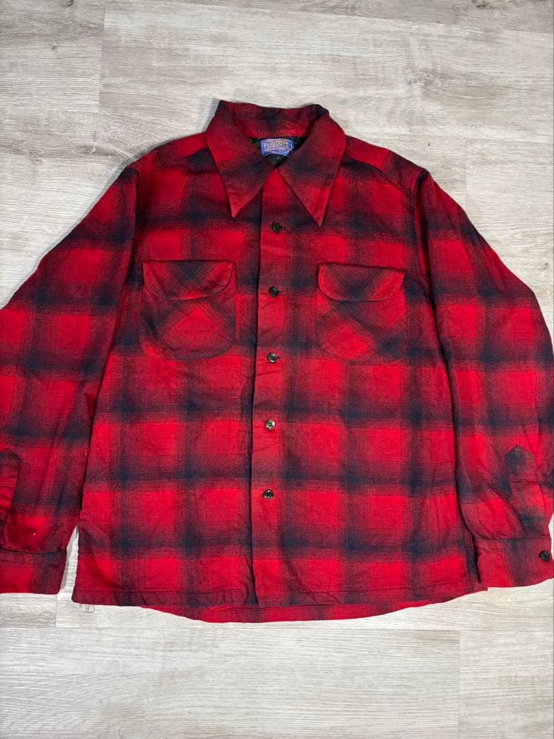 164 【希少】60sUSA製 ペンドルトン オンブレ ウールシャツ M 赤黒