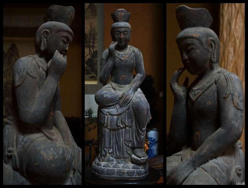 江戸期 老松木彫 大型『弥勒菩薩半跏思惟像』 細工彫り仏像 仏教古美術高69cm