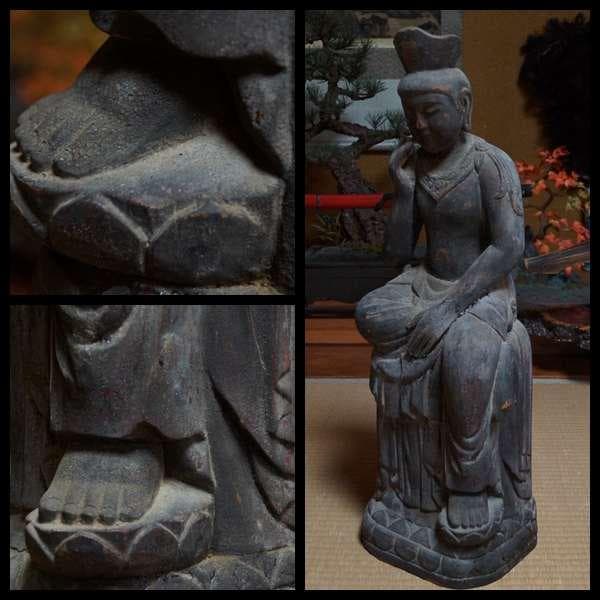 江戸期 老松木彫 大型『弥勒菩薩半跏思惟像』 細工彫り仏像 仏教古美術