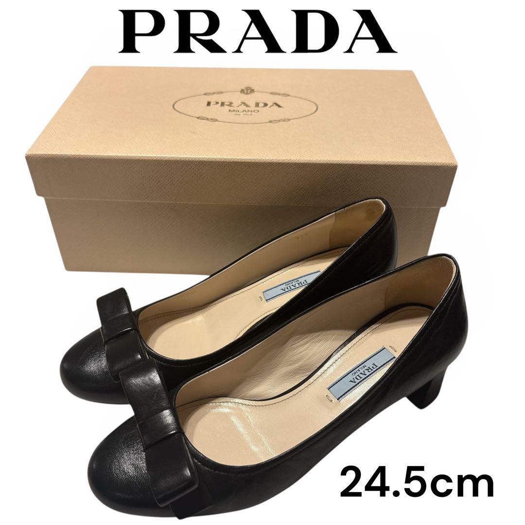 ［美品］PRADA プラダ パンプス リボン　黒　ブラック　24.5cm