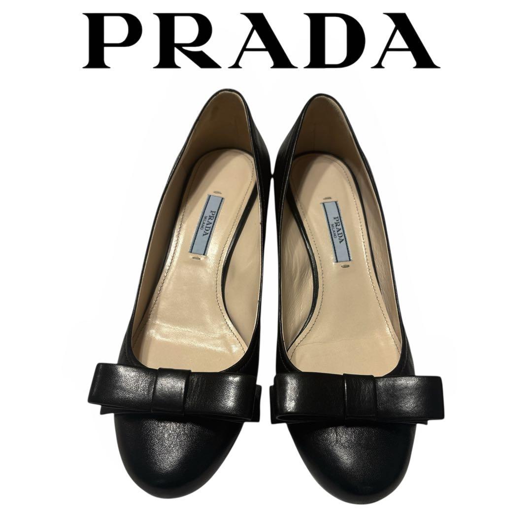 ［美品］PRADA プラダ パンプス リボン　黒　ブラック　24.5cm