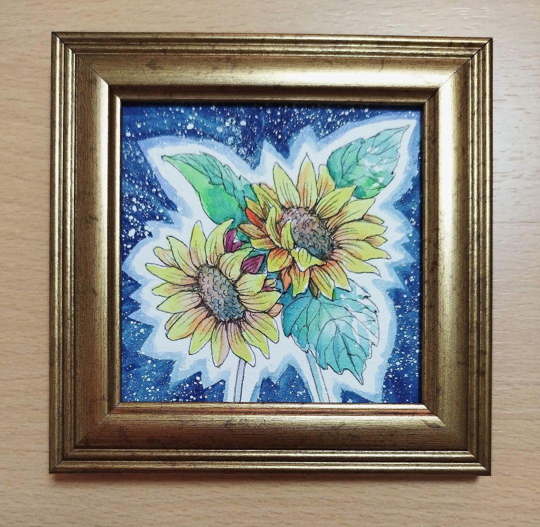 夏の夜のひまわり No.67 原画 水彩画 イラスト ペン画 12cm角額付