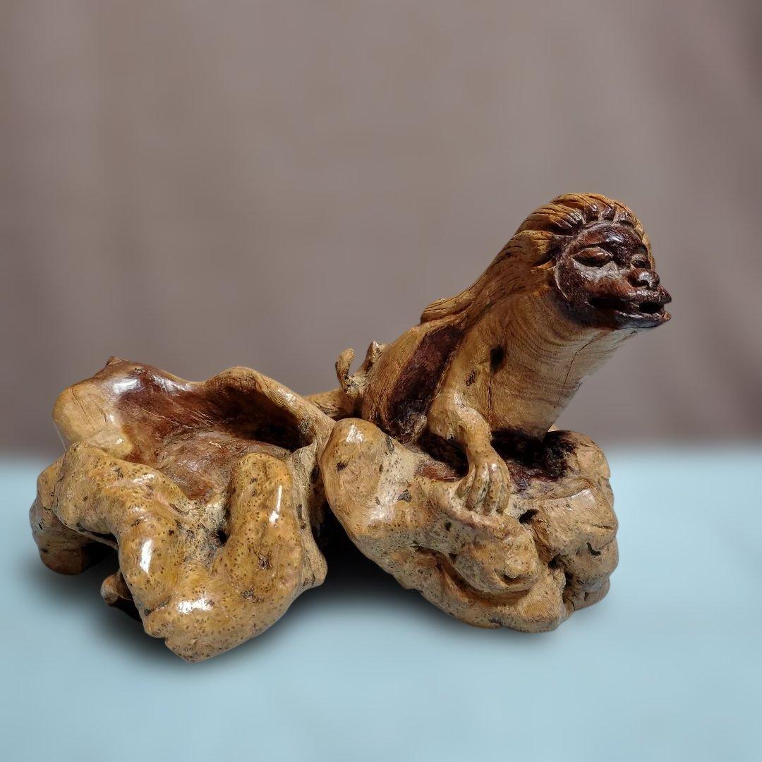 中国製木根っ子造形獅子型小物入れ+おまけ白石卵(エッグ) 縁起物