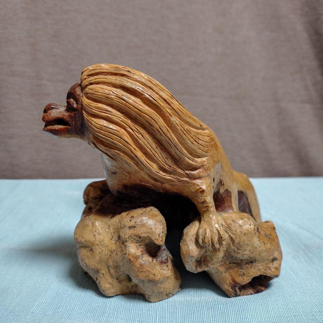 中国製木根っ子造形獅子型小物入れ+おまけ白石卵(エッグ) 縁起物