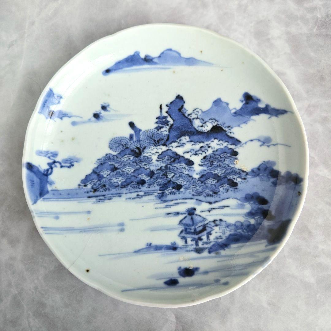 古伊万里　染付　古印判　六寸皿　江戸時代　型紙摺印判　金直し　金継ぎ　骨董