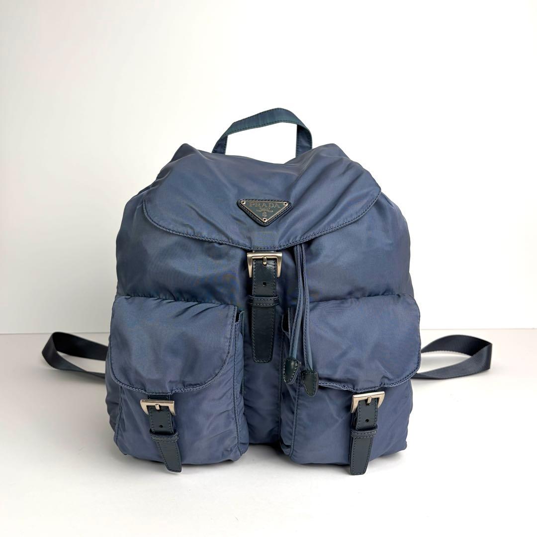 美品 PRADA プラダ リュック 三角ロゴプレート ナイロン レザー ブルー