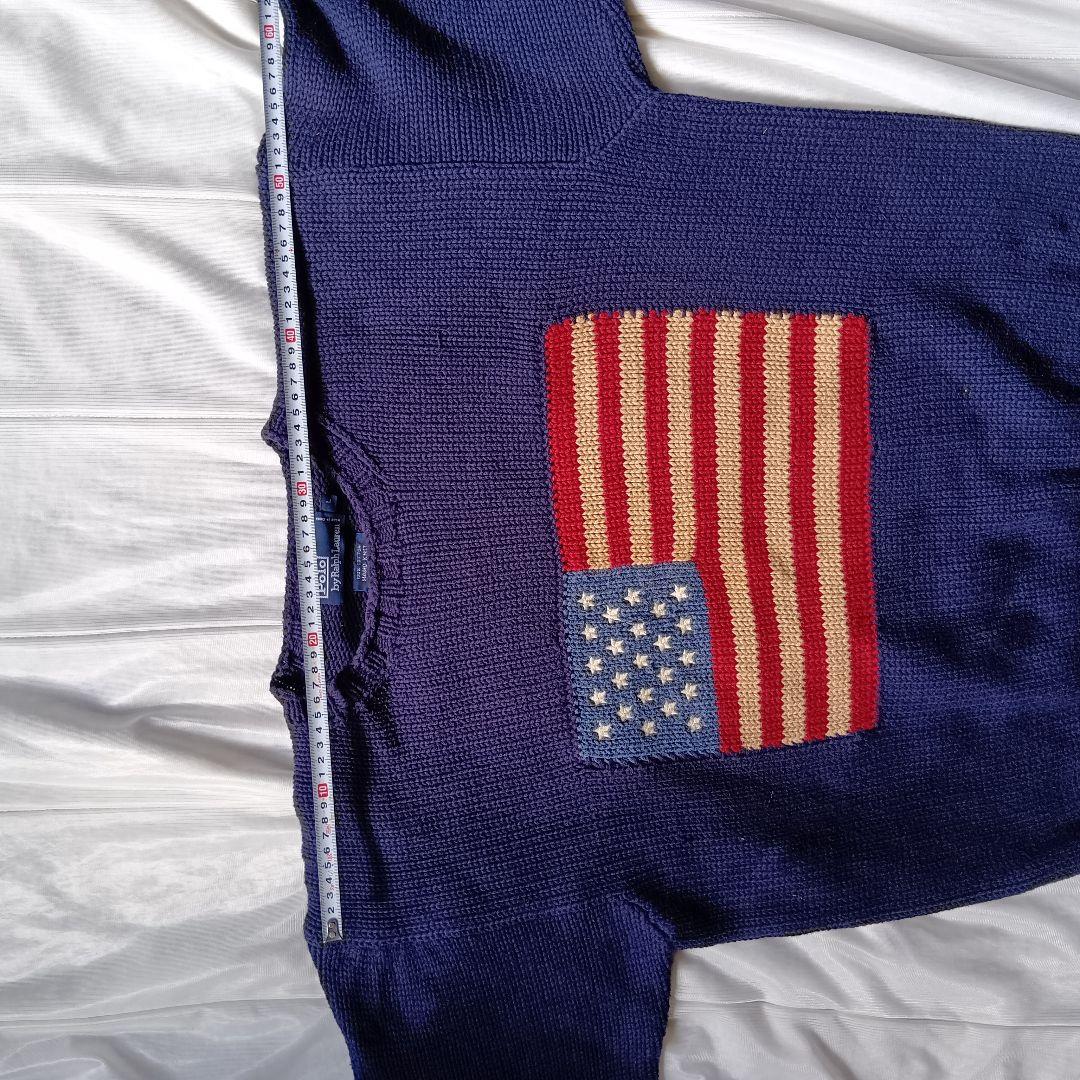 希少・手編み】90s ポロ ラルフローレン 星条旗 コットン ニット L 紺