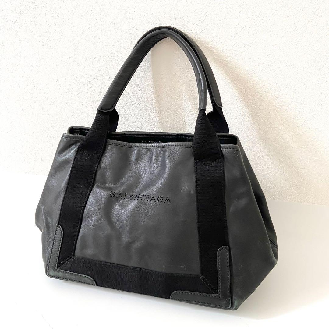美品 ポーチ付 バレンシアガ ネイビーカバスS トートバッグ パンチング