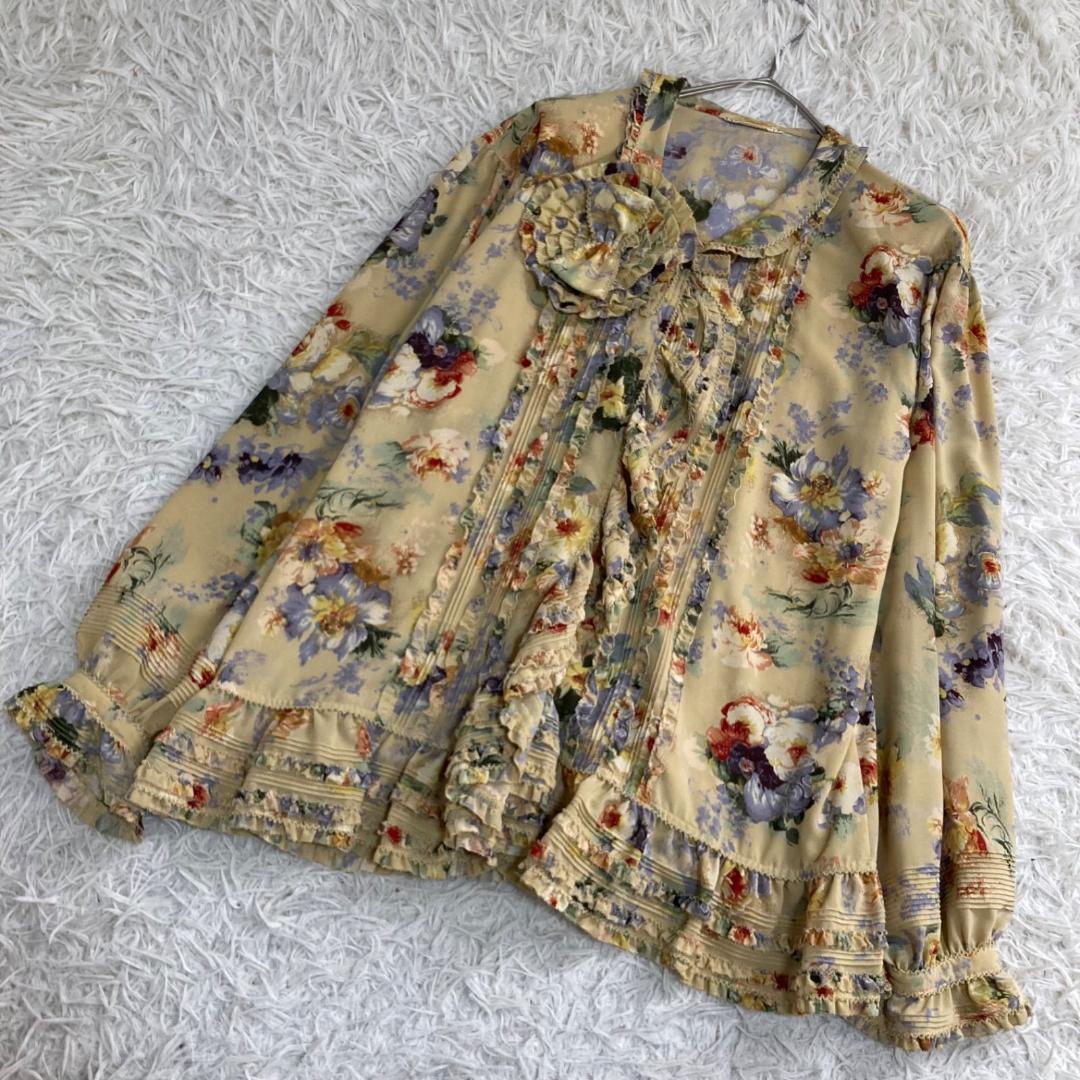 15797✨美品✨カネコイサオ コサージュ付 ピコフリル 花柄 ブラウス